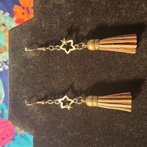 Antique Gold Stars & Tan Tassel Hook Earrings